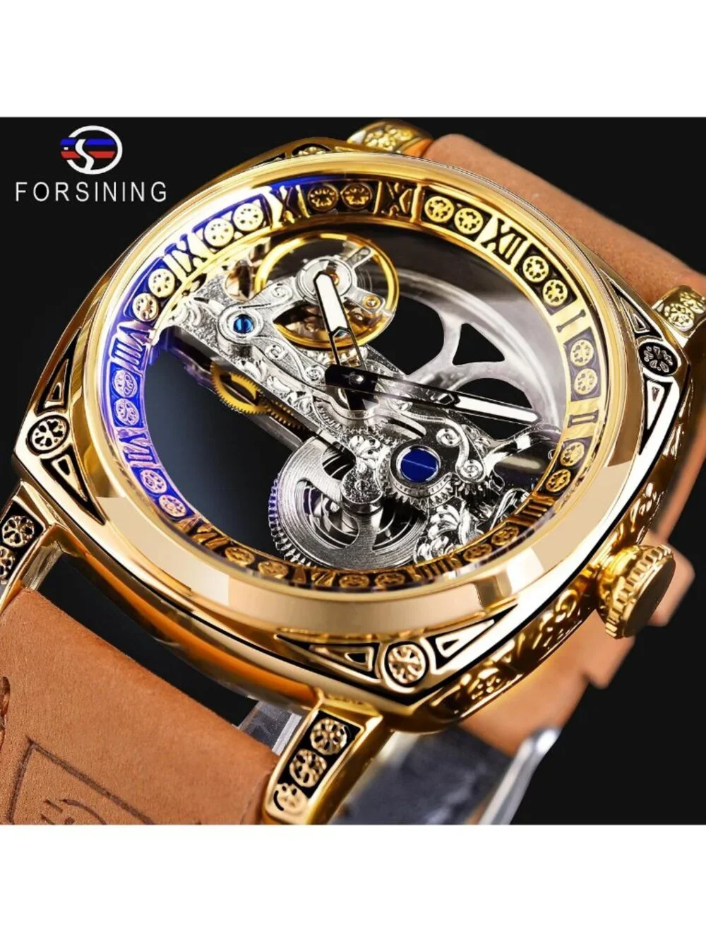 Luxury Mechanical Watch for Men, Retro Hollow Skeleton Design, Vintage Leather
